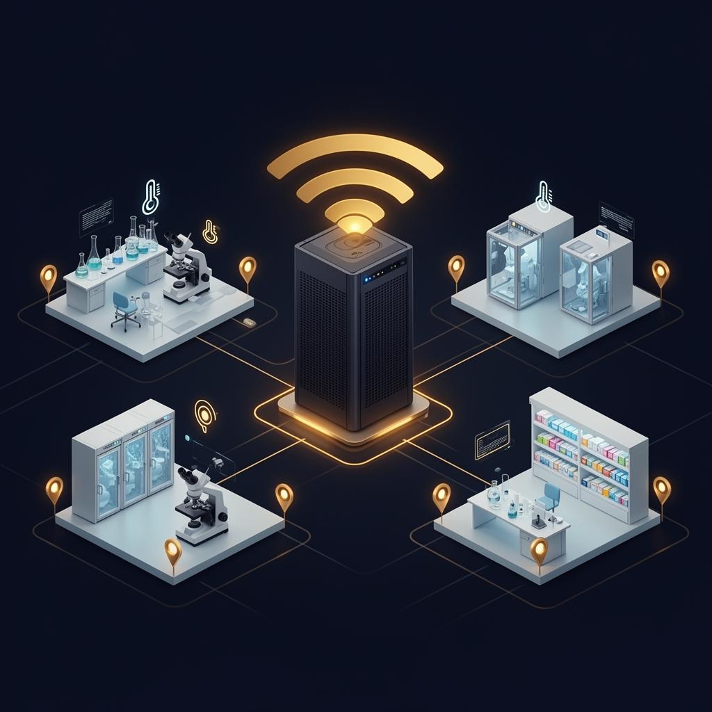 Connected medical facility network with live sensor pins across labs, cold storage, and clean rooms